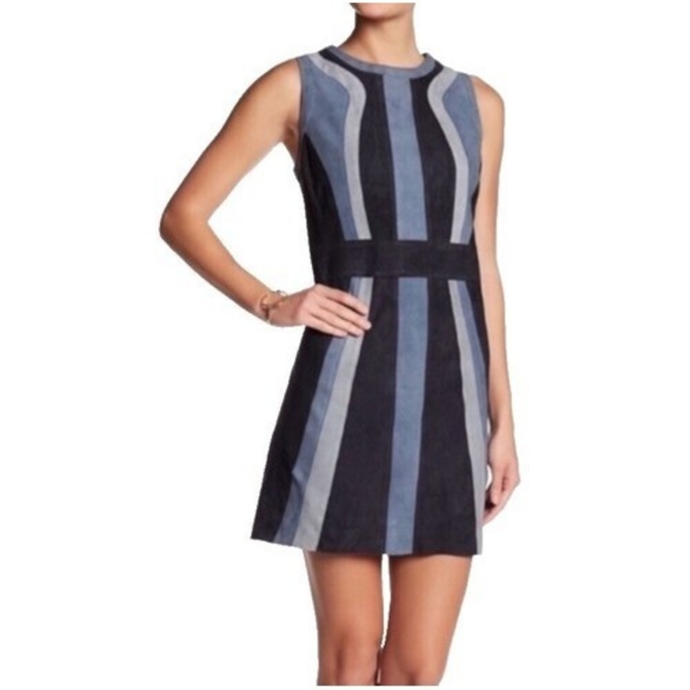 Parker Dress Womens XS Blue Colorblock Genuine Leather‎ Sleeveless Sheath Mini